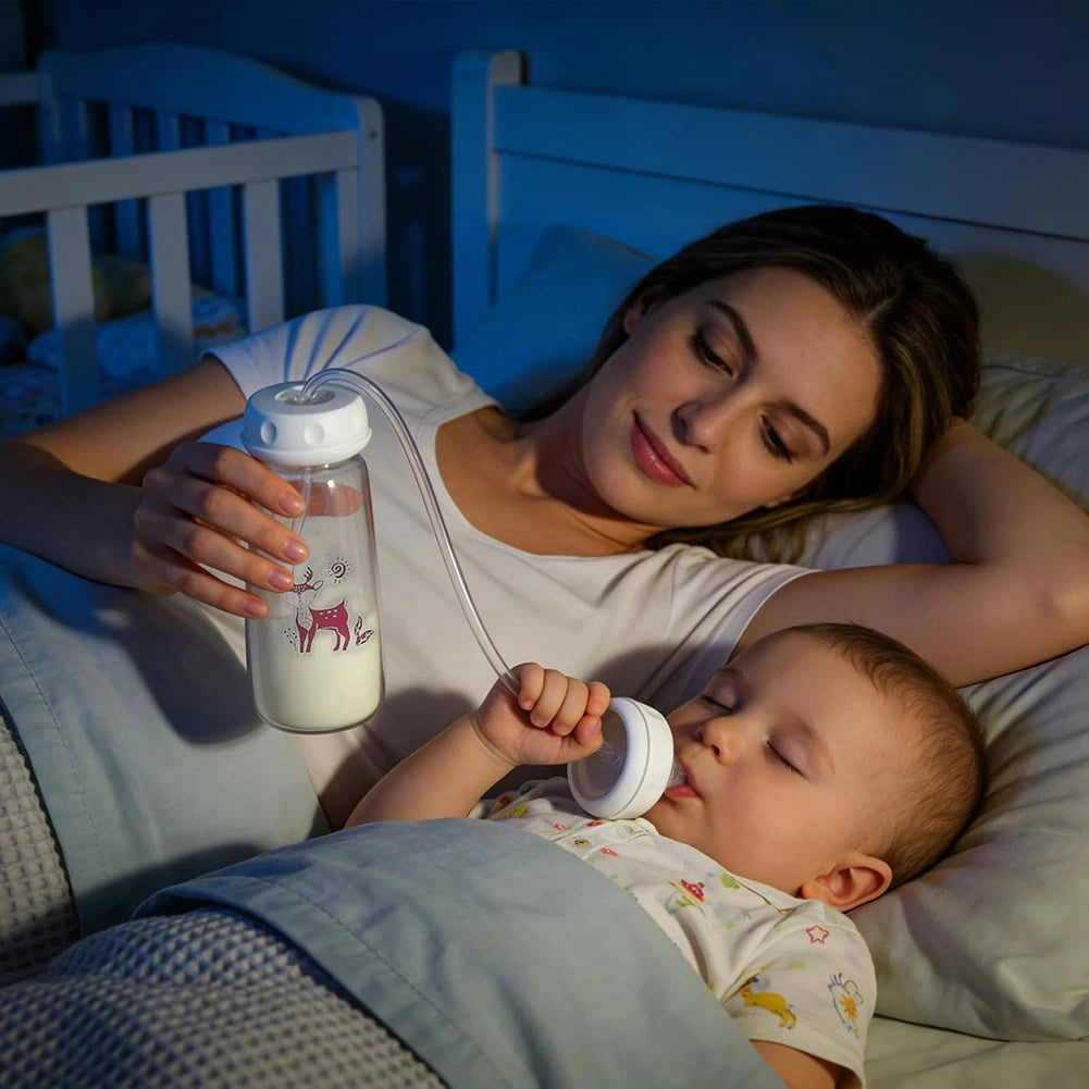 Baby using hands-free feeding bottle