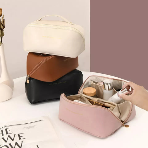 Classy Leather Cosmetic Pouch – Portable Makeup & Travel Organizer Bag